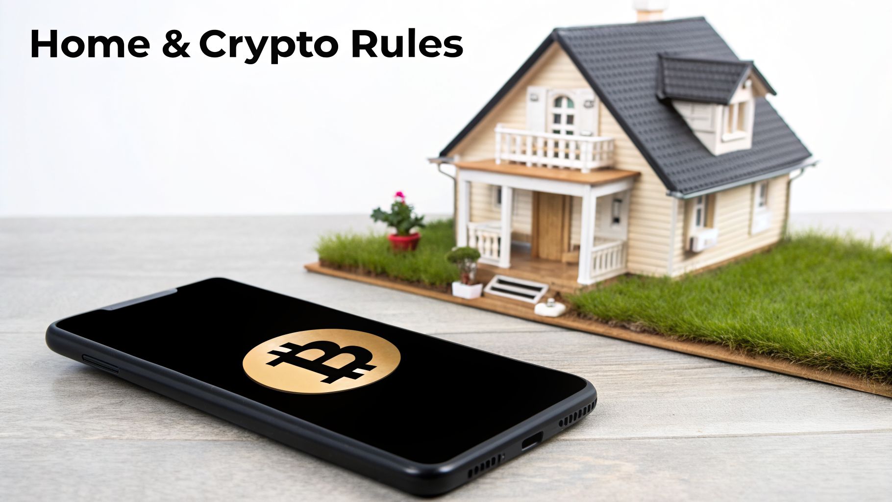 A miniature house sits beside a smartphone displaying a Bitcoin logo, symbolizing home and crypto rules.