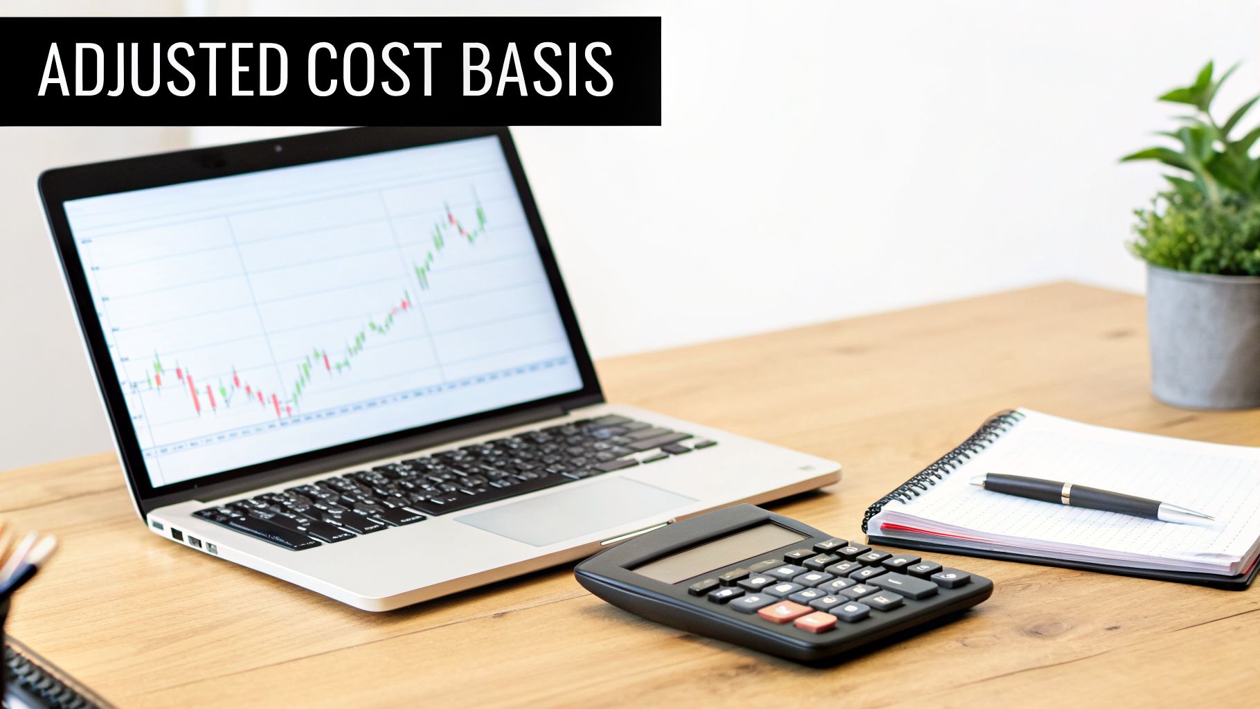ADJUSTED COST BASIS text, a laptop displaying stock charts, calculator, notebook, and pen on a desk.