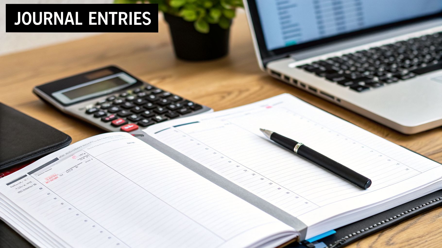 A desk with a calculator, laptop, open planner, pen, and a plant, featuring journal entries.