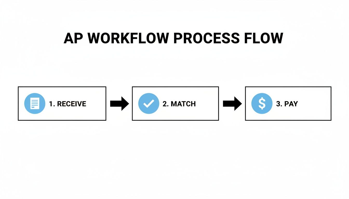 A simple accounts payable workflow showing three steps: receive, match, and pay, with relevant icons.