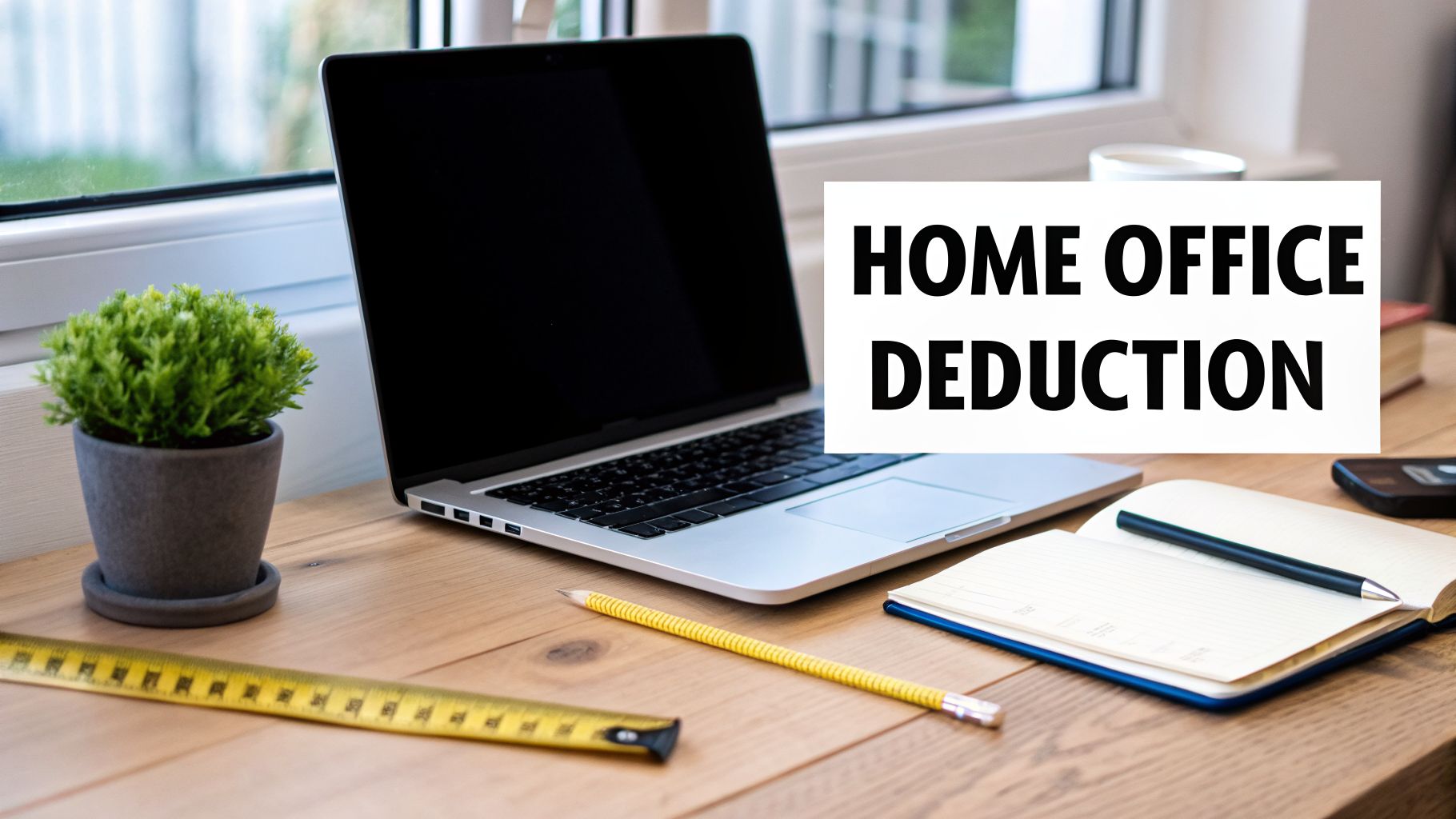 A home office desk with a laptop, plant, notebook, and 'HOME OFFICE DEDUCTION' text.