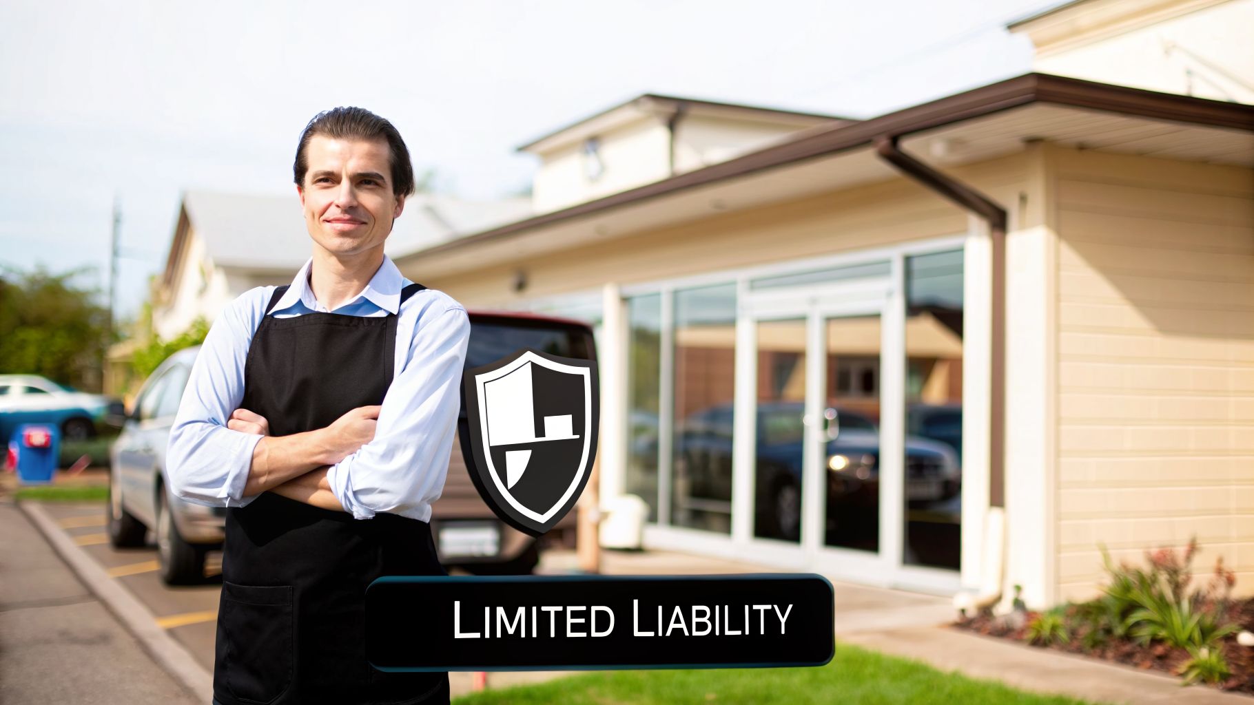 A smiling man in an apron stands confidently in front of his business with a shield icon.