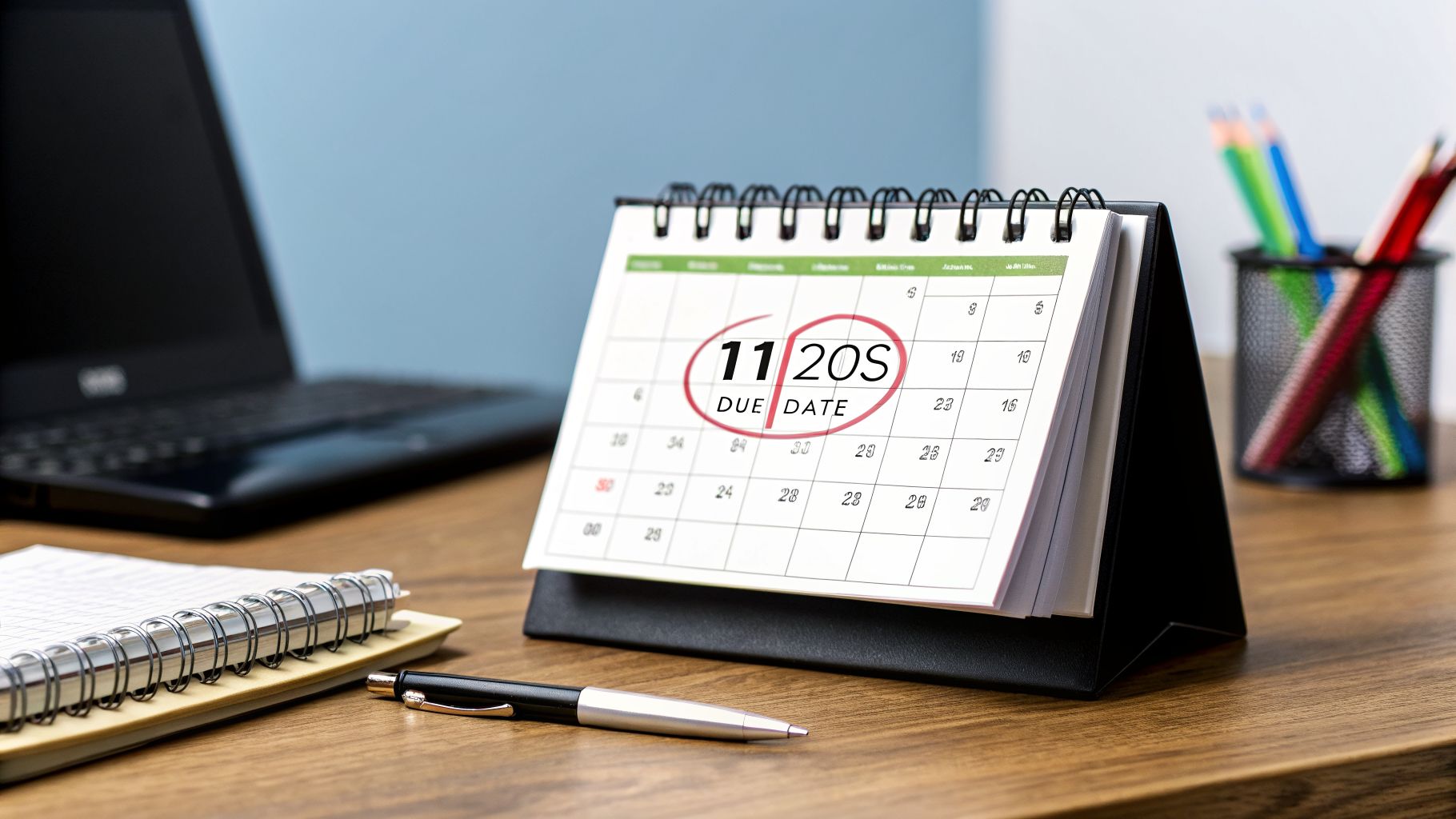 Desk calendar with '11/20S DUE DATE' circled, laptop, notebook, and pencils on a wooden desk.