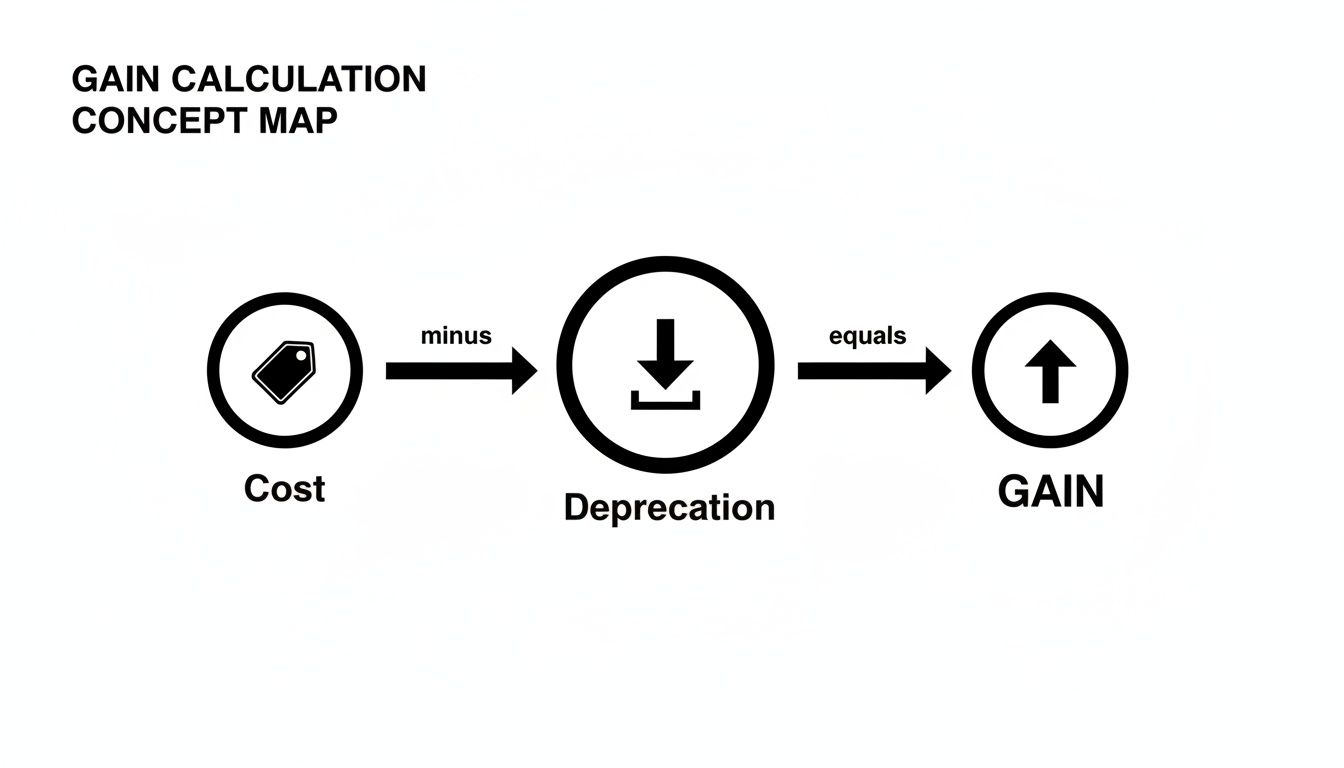 Concept map illustrating gain calculation: Cost minus Depreciation equals Gain, with clear icons.