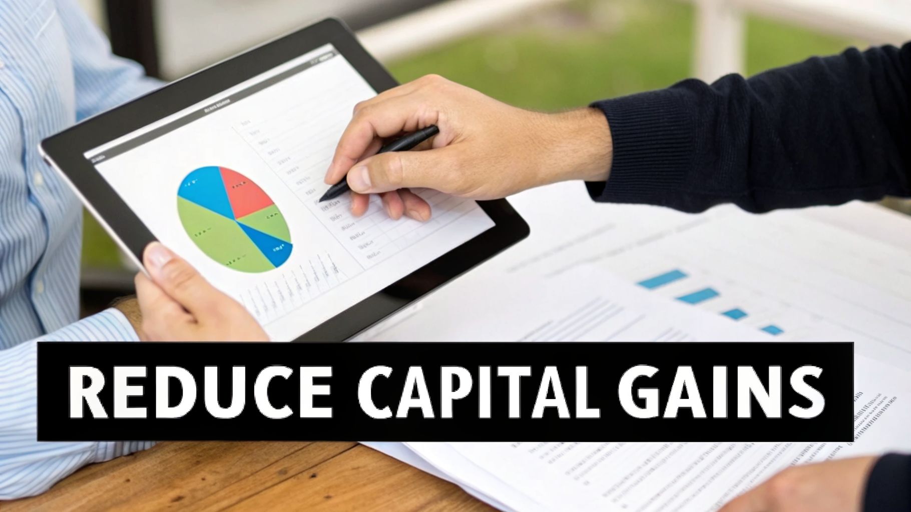 Two people analyzing financial data on a tablet and documents, focusing on reducing capital gains.