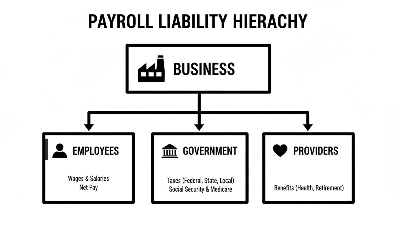 A payroll liability hierarchy diagram illustrating business obligations to employees, government, and providers for payroll.