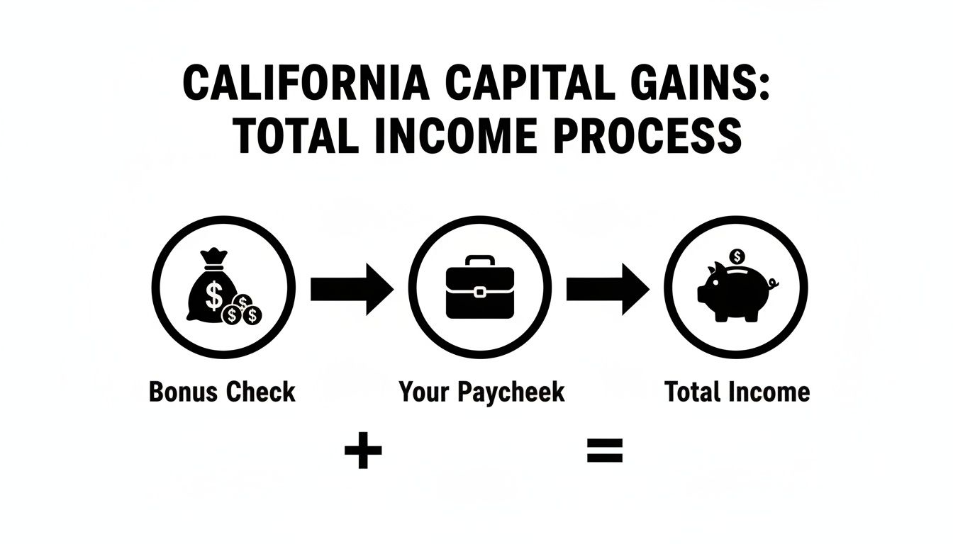 Flowchart illustrating how bonus checks and paychecks combine to form total income in California.