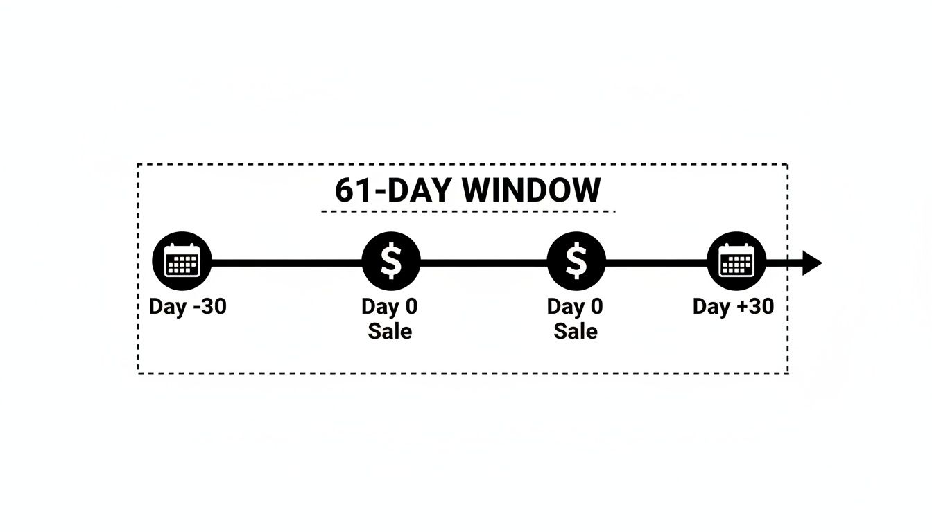 Timeline diagram illustrating a 61-day window from Day -30 to Day +30 with two Day 0 sales.
