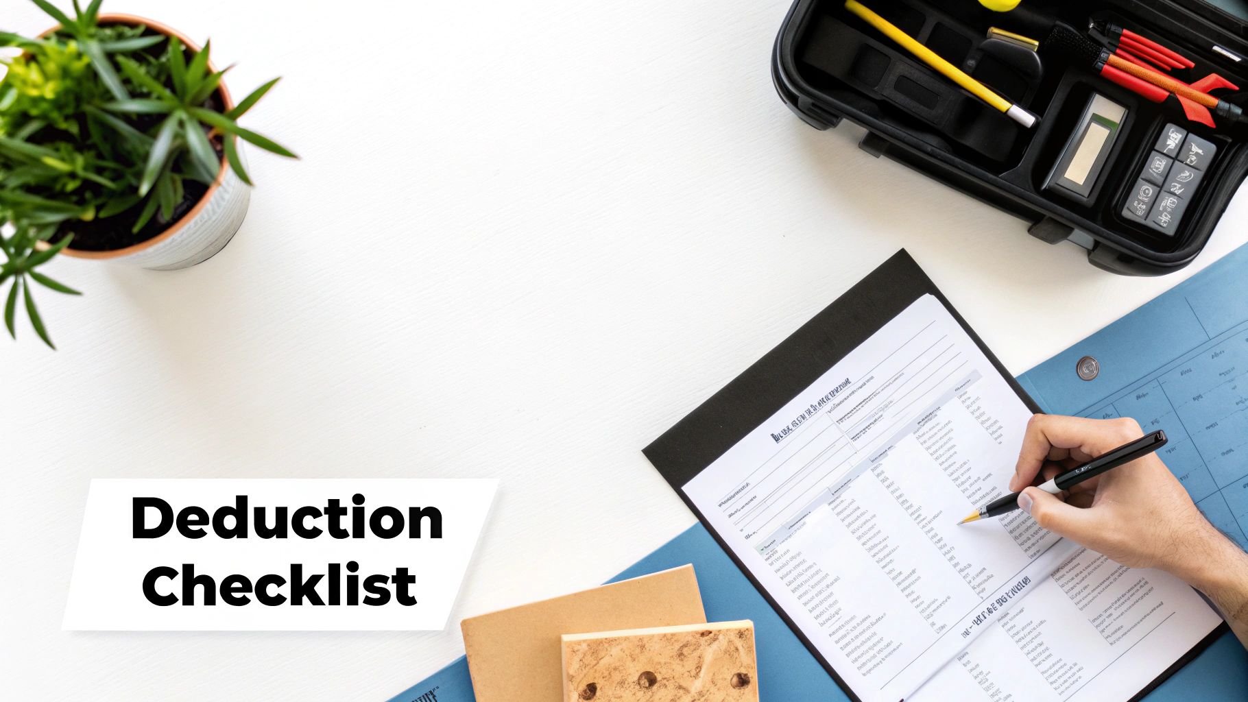 Overhead view of a person filling out a deduction checklist on a white desk with office supplies and a plant.
