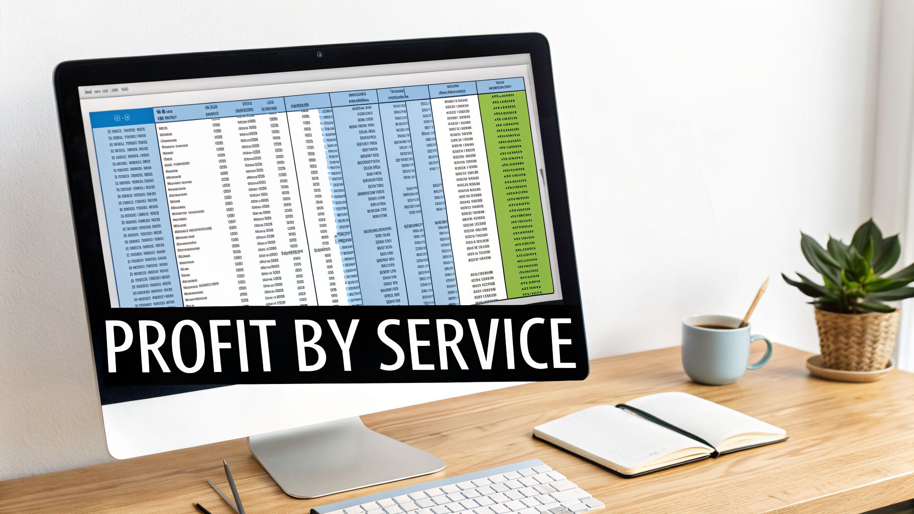 A computer monitor displays a 'Profit by Service' financial report on a wooden desk with coffee and a plant.