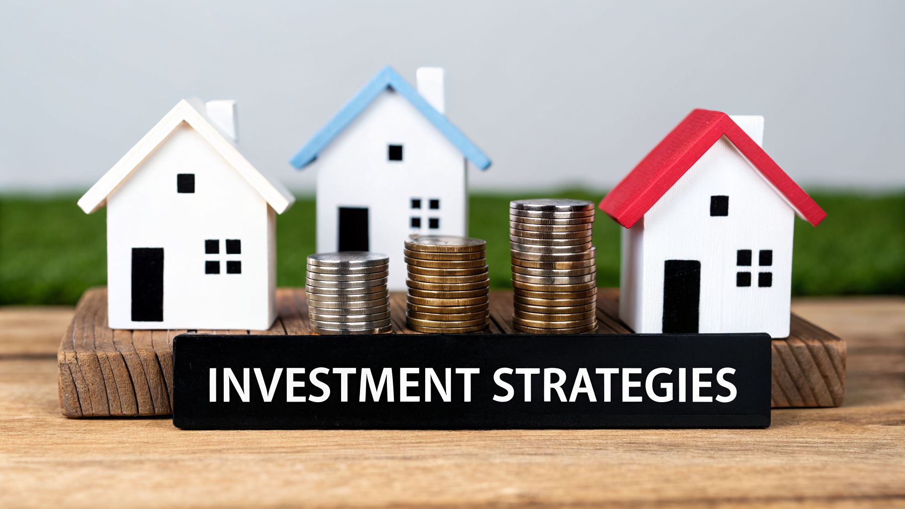 Miniature houses and stacks of coins on a wooden surface illustrating real estate investment strategies.