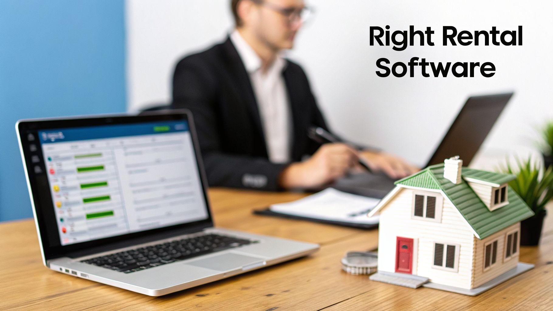 Professional using rental management software on a laptop, with a house model on the desk.