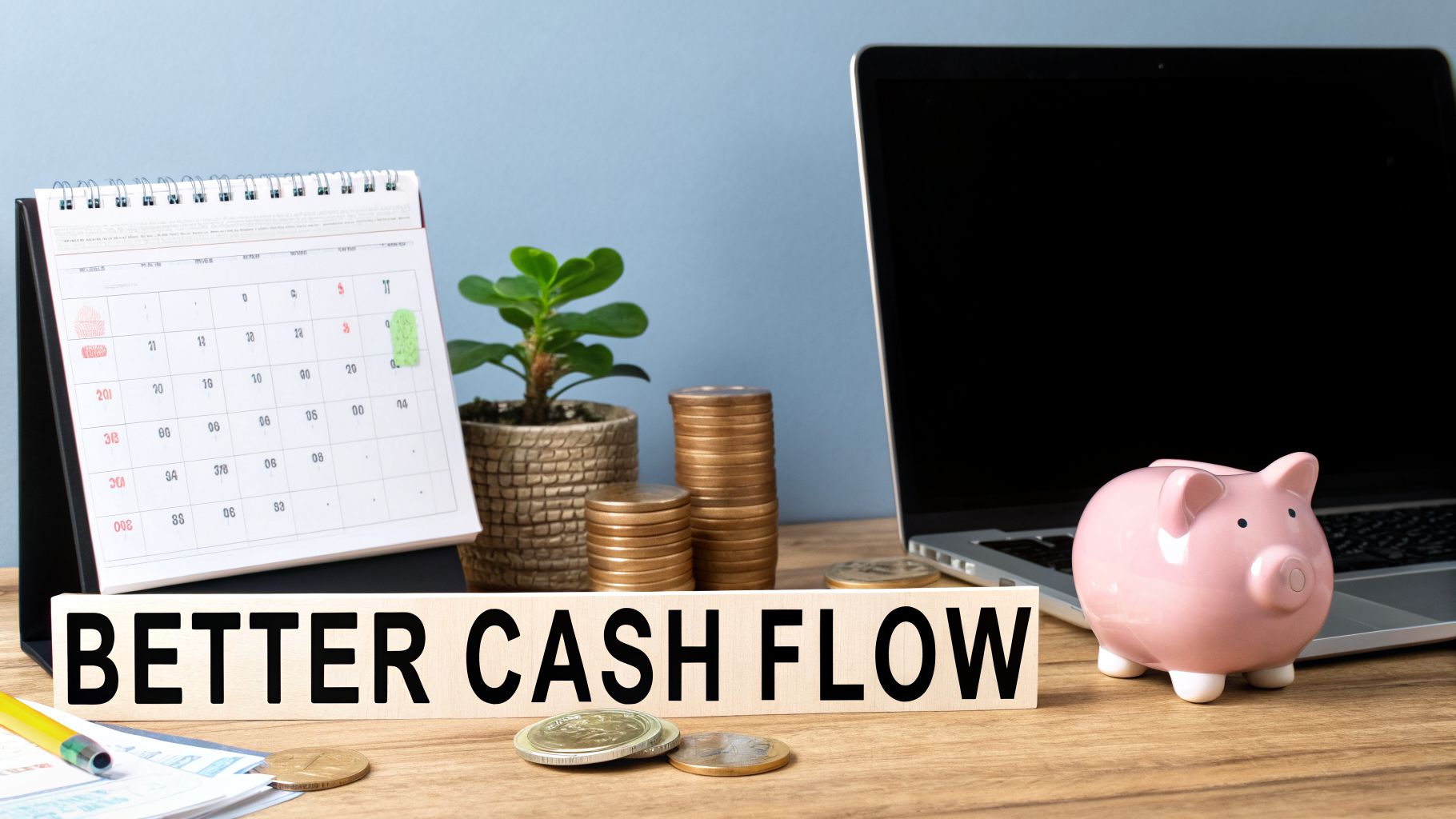 A desk setup with a calendar, potted plant, stacks of coins, laptop, piggy bank, and a block stating 'BETTER CASH FLOW'.
