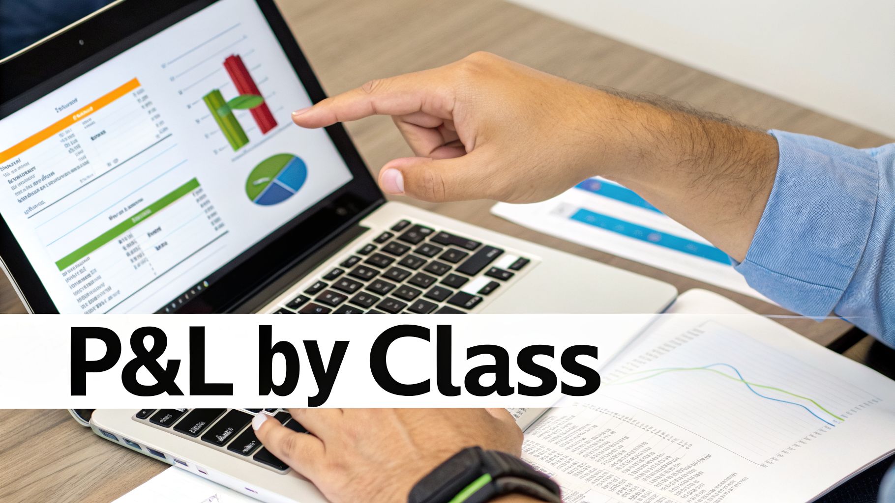 Person analyzing a P&L by Class report with charts and financial data on a laptop, pointing at the screen.