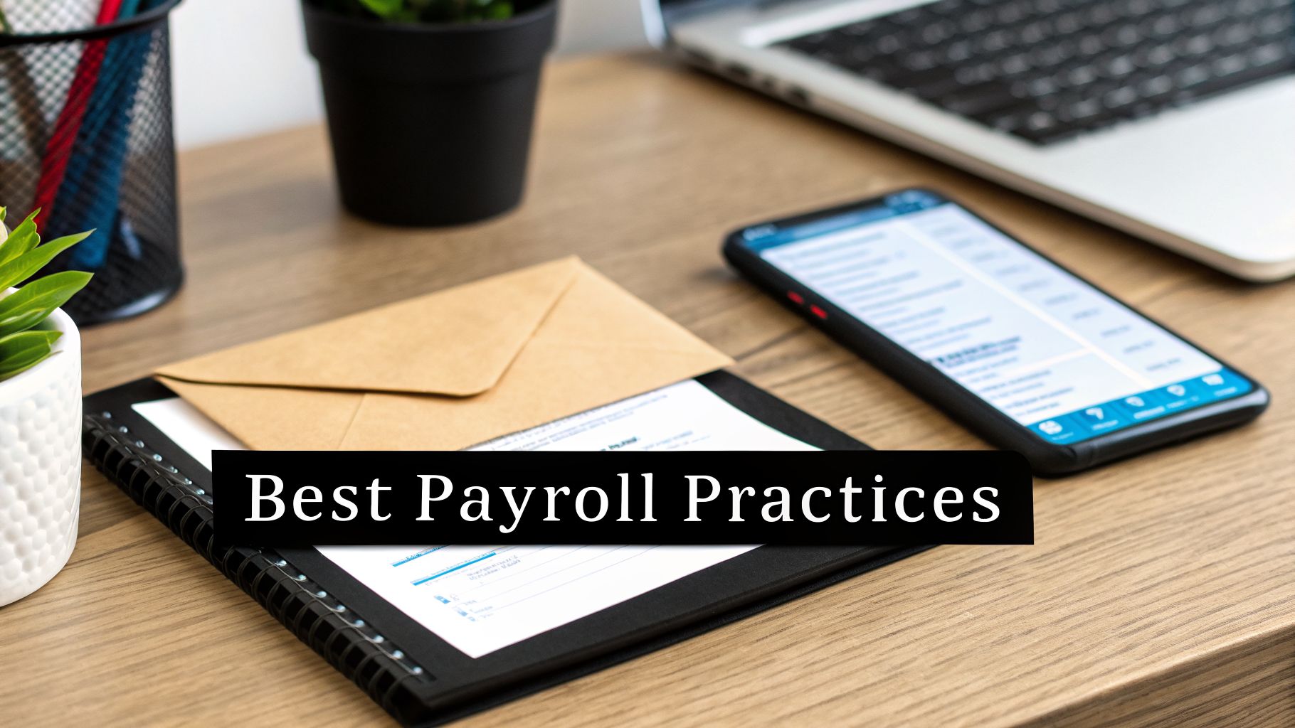 A wooden desk with a laptop, smartphone, green plant, pen holder, and documents, featuring text 'Best Payroll Practices'.