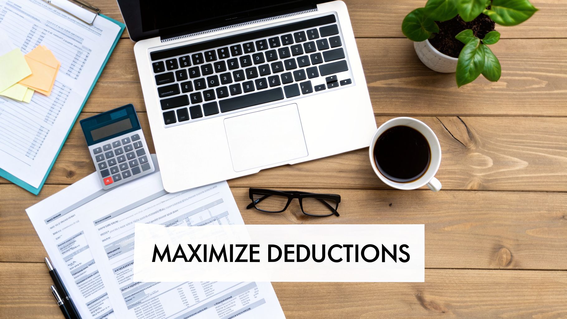Flat lay of a professional desk with tax documents, calculator, laptop, and coffee, focused on maximizing deductions.