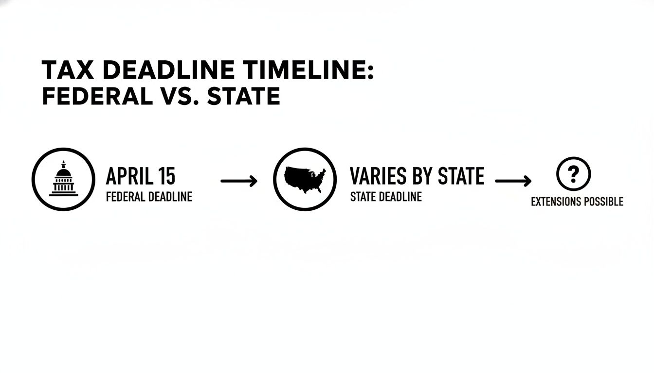 A tax deadline timeline infographic illustrating the federal deadline on April 15 and varying state deadlines with possible extensions.