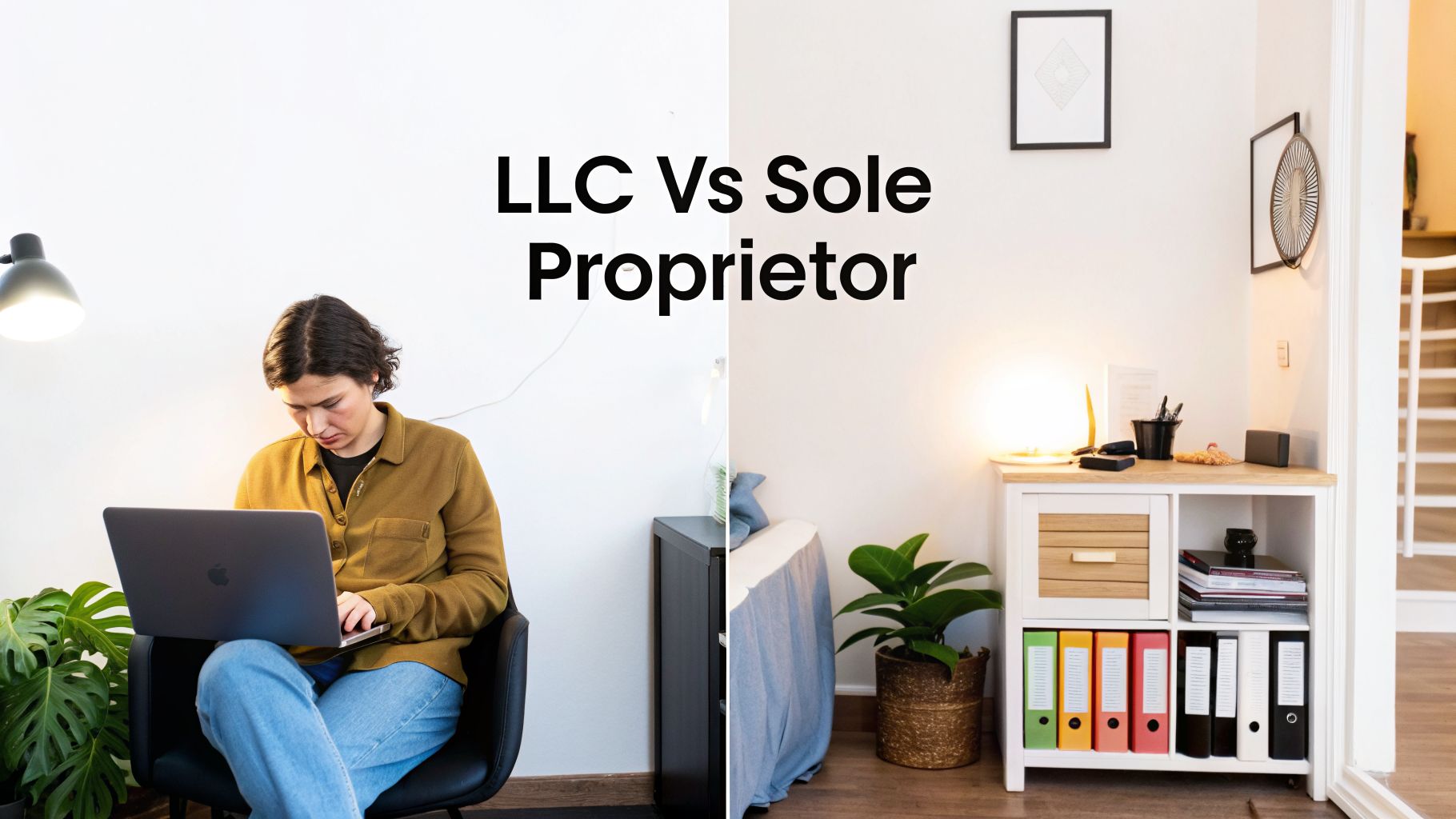 A split image illustrating LLC vs Sole Proprietor, featuring a person working on a laptop and an organized office.
