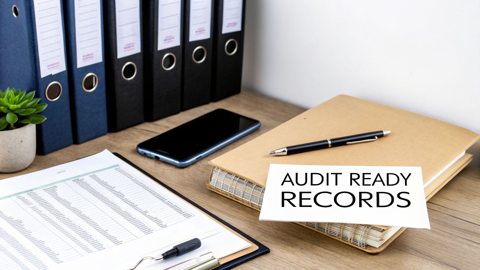 A neatly organized office desk featuring binders, documents, a smartphone, and a 'AUDIT READY RECORDS' sign.