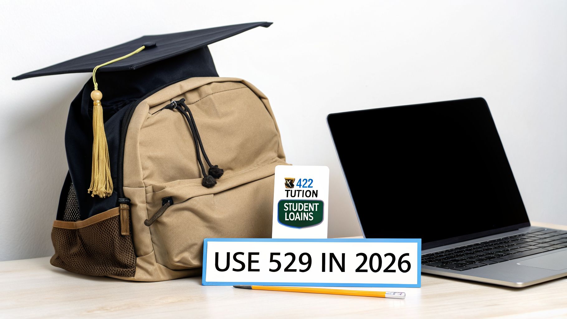 Graduation cap on a student backpack next to a laptop and signs promoting a 529 plan.