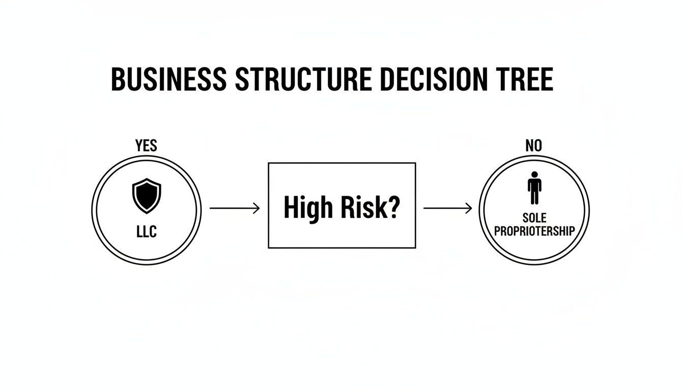 A business structure decision tree flowchart showing LLC for high risk and sole proprietorship for low risk.