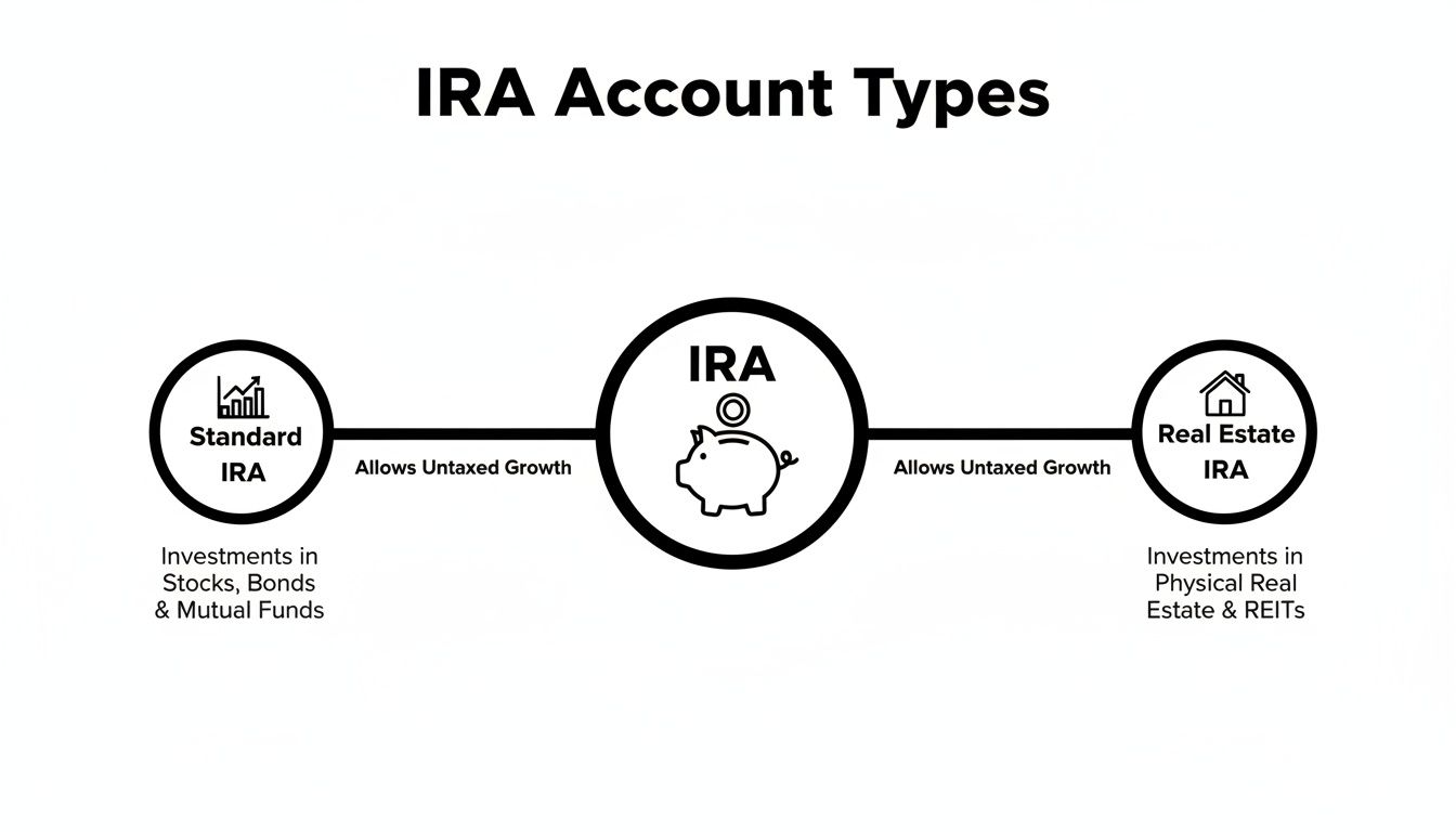 Diagram illustrating IRA account types, distinguishing between Standard IRA for stocks/bonds and Real Estate IRA for property investments.