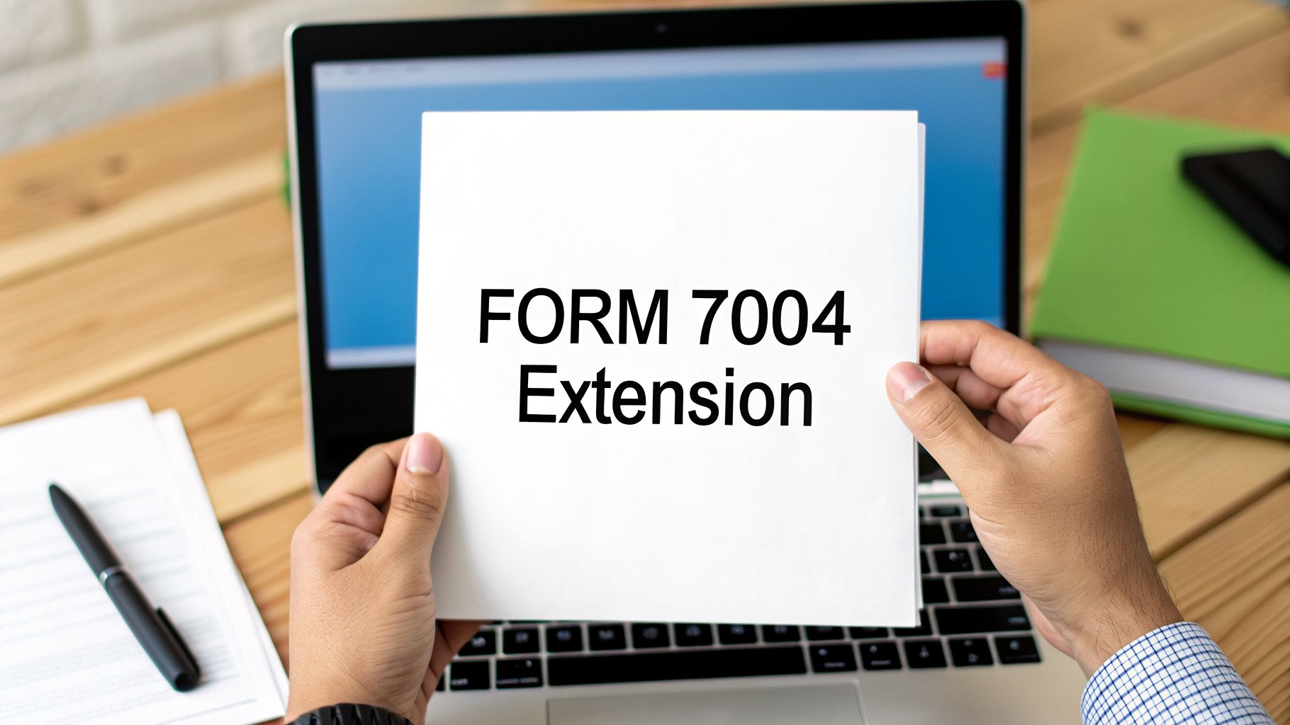 A person holds a paper showing 'FORM 7004 Extension' with a laptop in the background.
