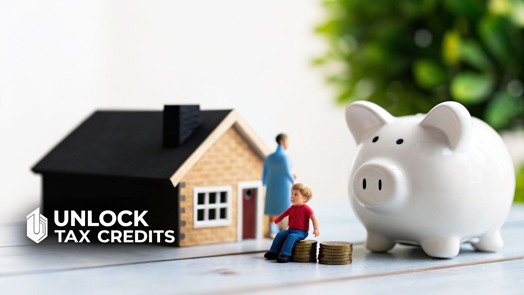A miniature house, white piggy bank, child, and adult figures symbolize family finances and tax credits.