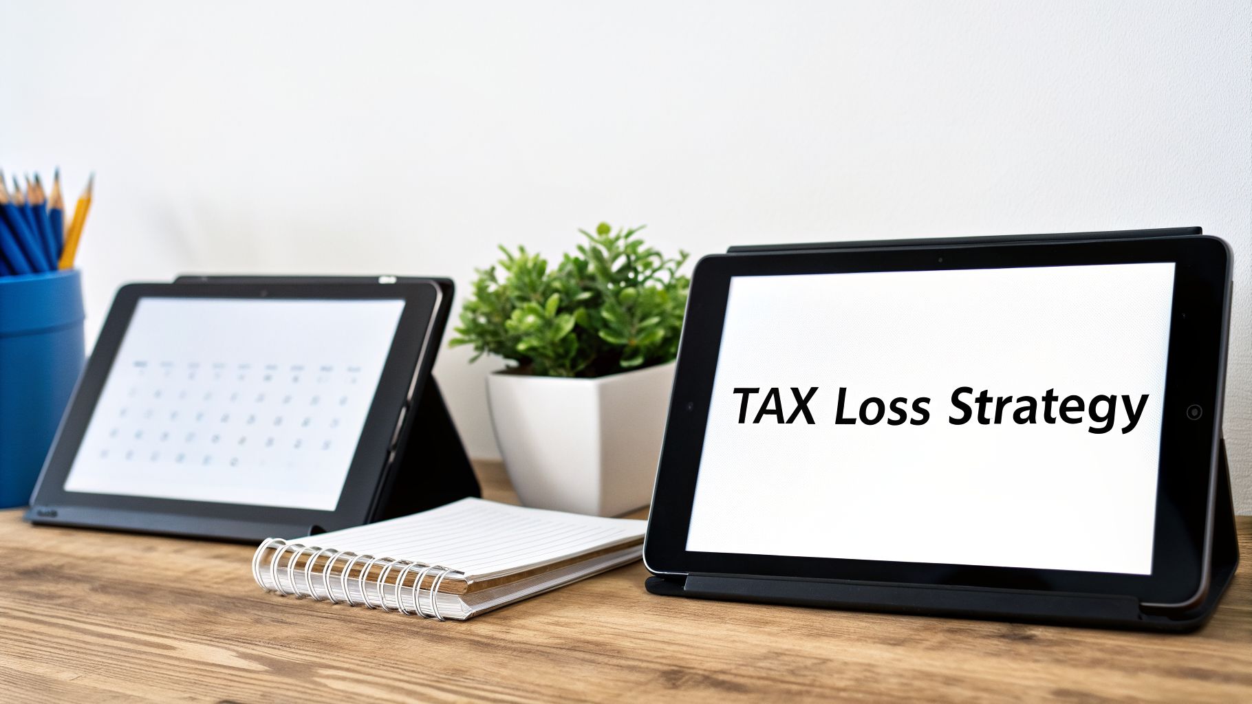 Desk setup with two tablets; one displays 'TAX Loss Strategy,' the other a calendar, next to a notebook and pencils.