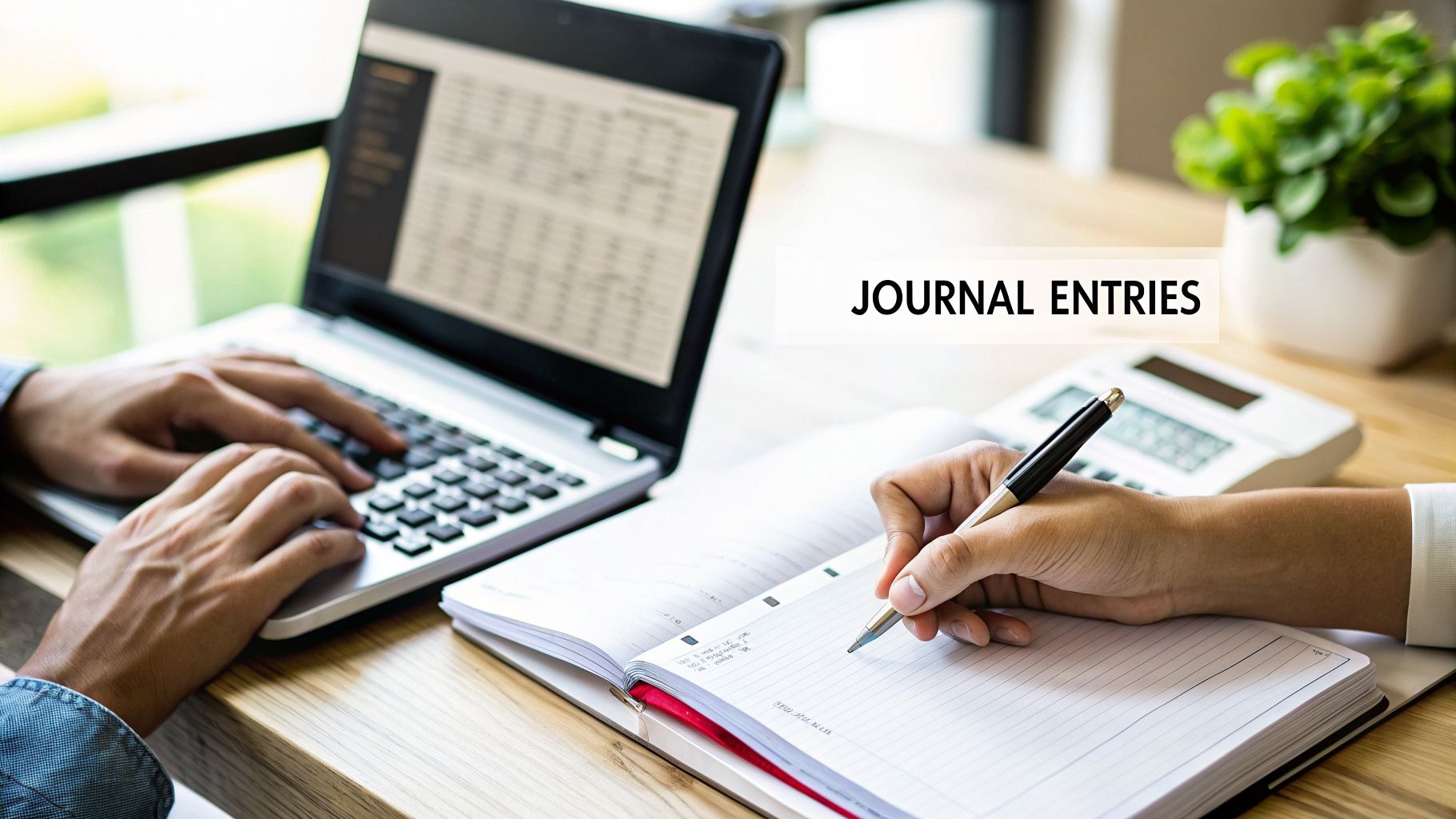 Two people engaged in financial work, one on a laptop and another writing journal entries.