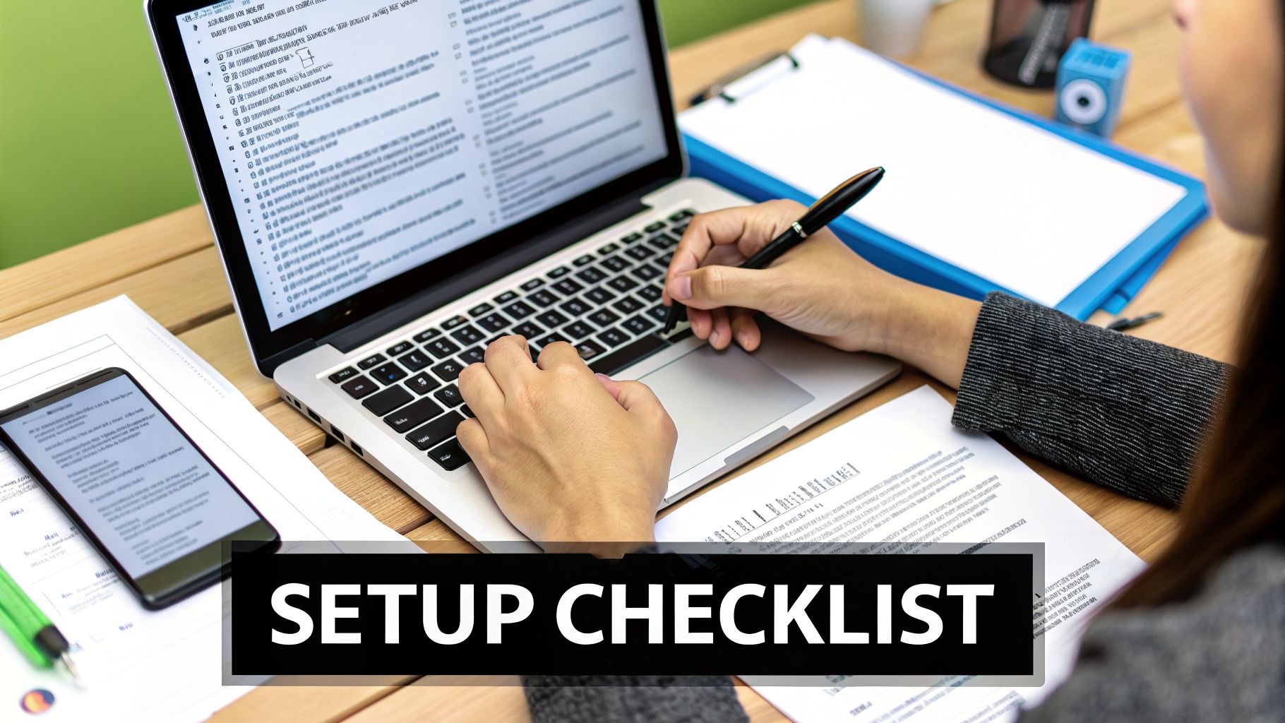 Person working on a laptop with a setup checklist on screen, papers, and a smartphone.