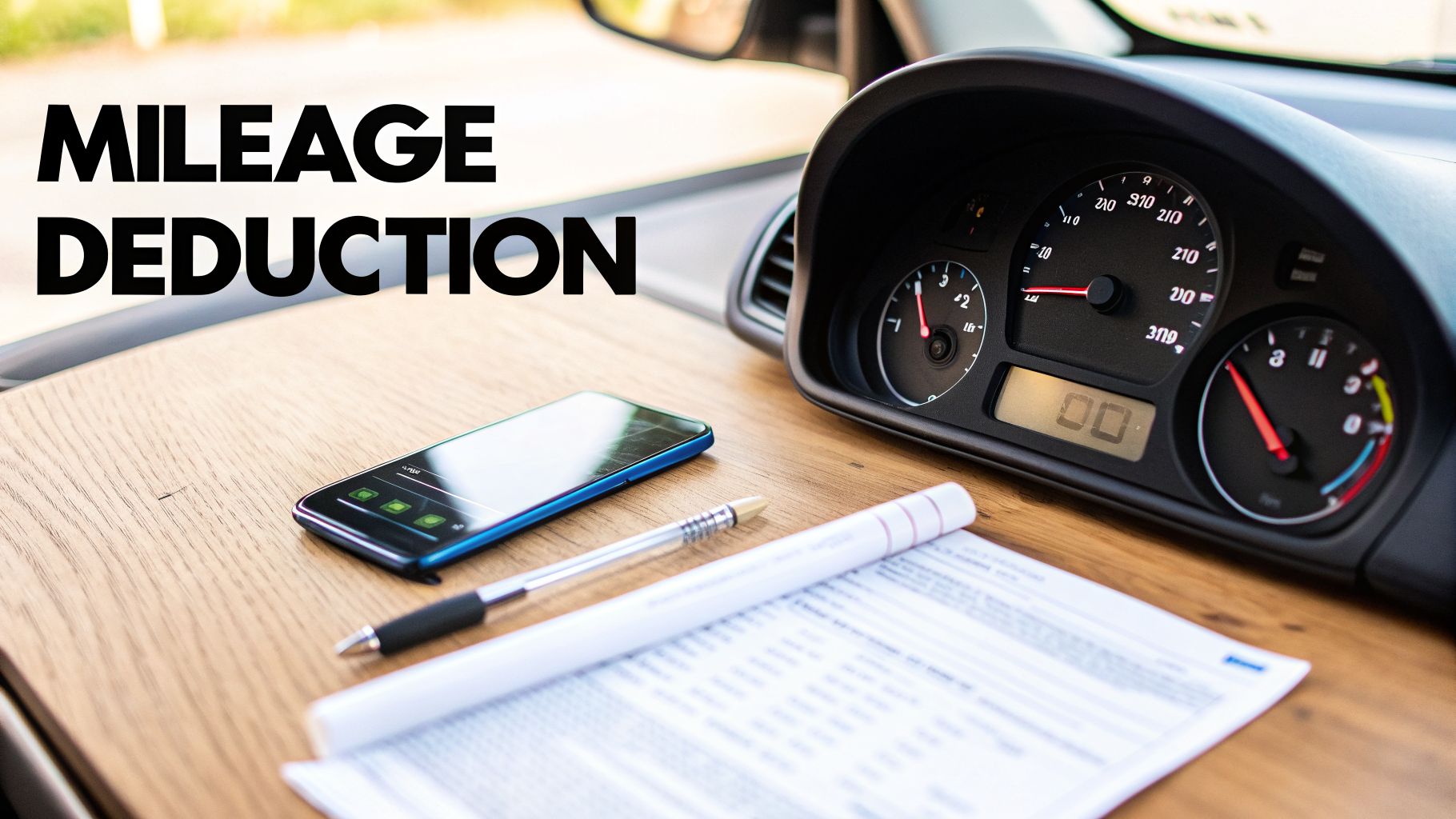 A car dashboard, smartphone, pen, and papers on a wooden surface with text 'Mileage Deduction'.