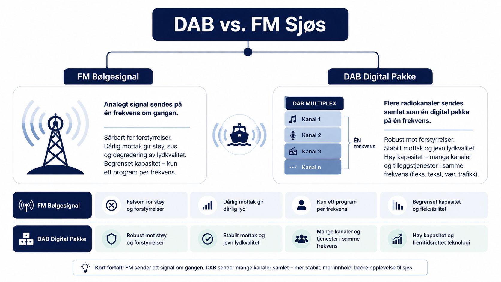 Infografikk som sammenligner fordeler og ulemper med FM-bølgesignal og DAB digital pakke for radio i båt.
