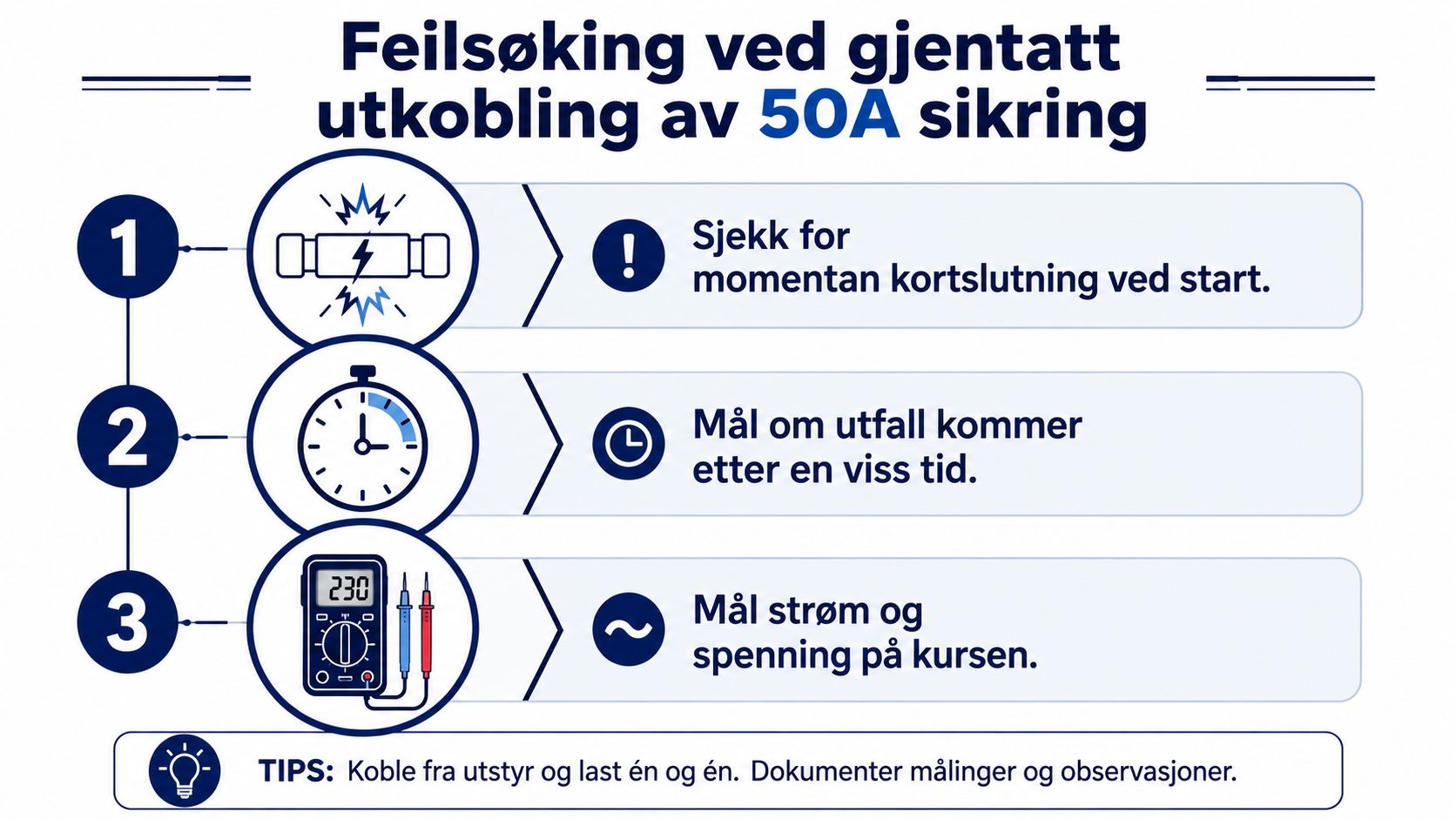 Infografikk som viser tre steg for feilsøking ved gjentatt utkobling av en 50A sikring i et elektrisk anlegg.