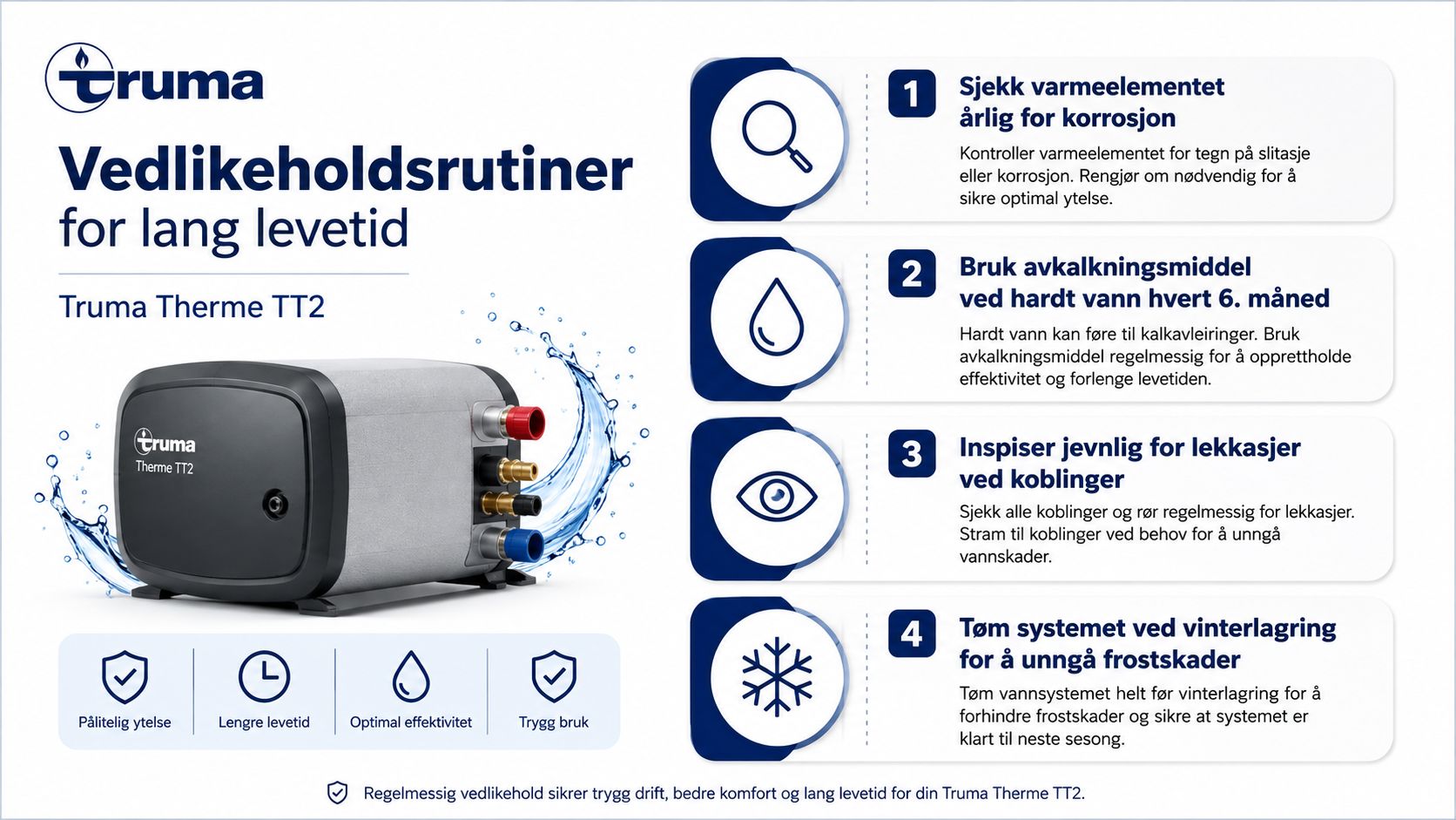 En oversikt over vedlikeholdsrutiner for Truma Therme TT2 varmtvannsbereder for å sikre lang levetid og trygg drift.