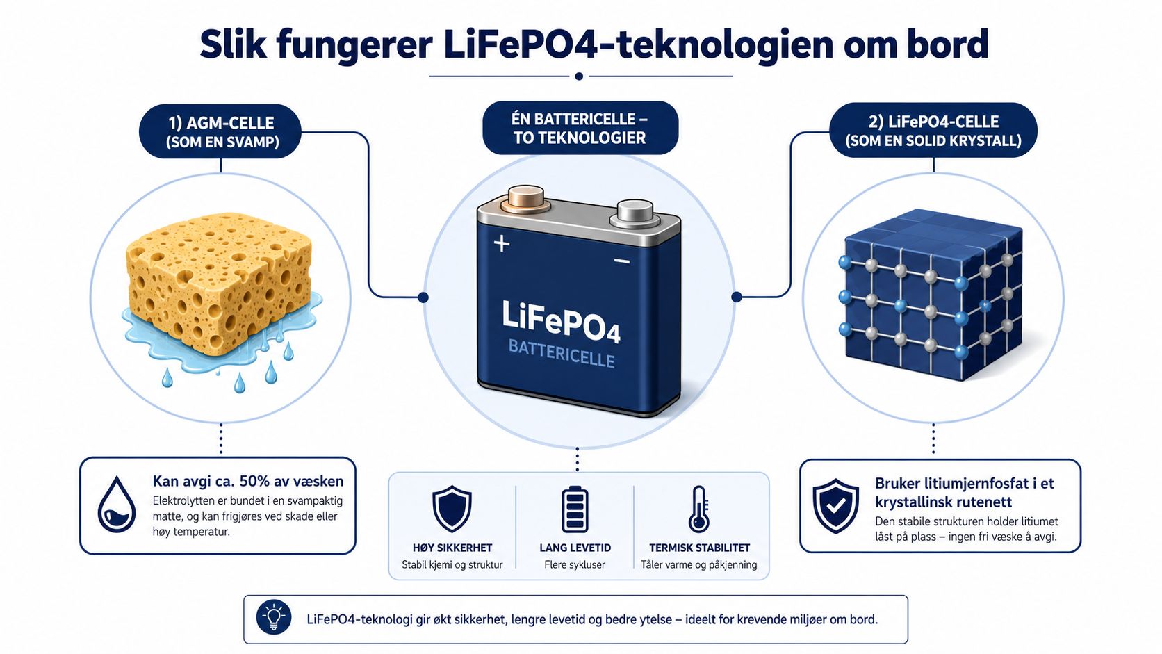 En sammenligning mellom en AGM-battericelle som en svamp og en stabil krystallinsk LiFePO4-battericelle for båtbruk.
