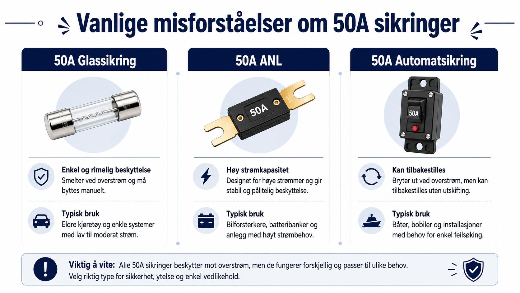 En infografikk som sammenligner tre forskjellige typer 50A sikringer: glassikring, ANL-sikring og automatsikring med bruksområder.