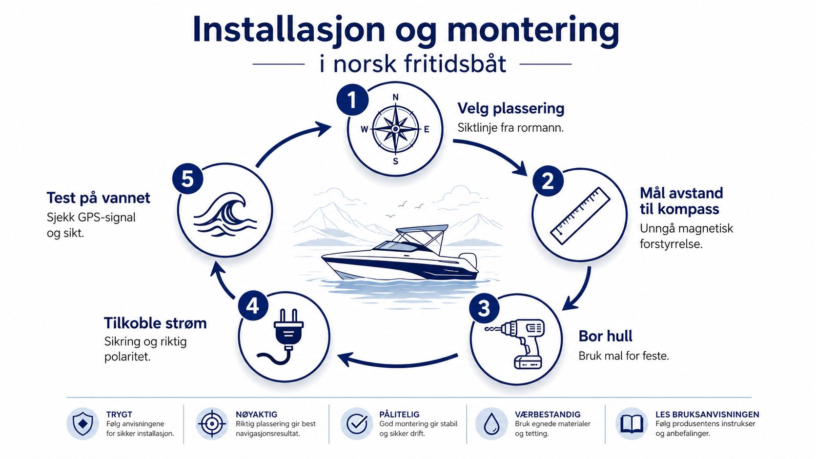 En infografikk som viser fem steg for installasjon og montering av elektronisk utstyr i en norsk fritidsbåt.