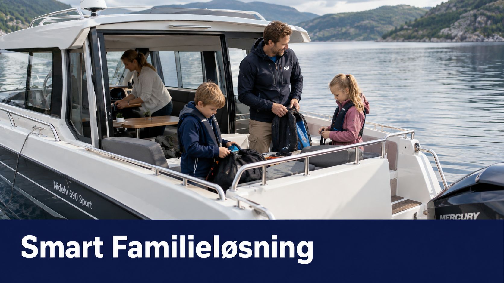 En familie på en Nidelv 690 Sport-båt forbereder seg for en dag på det norske havet.