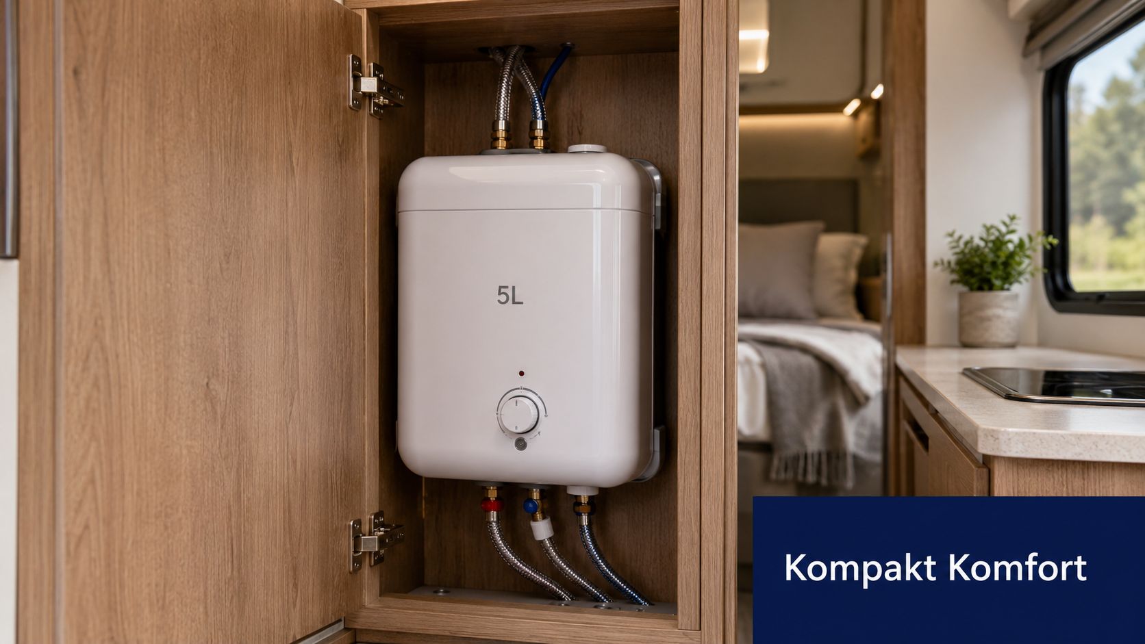 En kompakt Truma Therme varmtvannsbereder installert inne i et skap i en moderne bobil eller campingvogn.