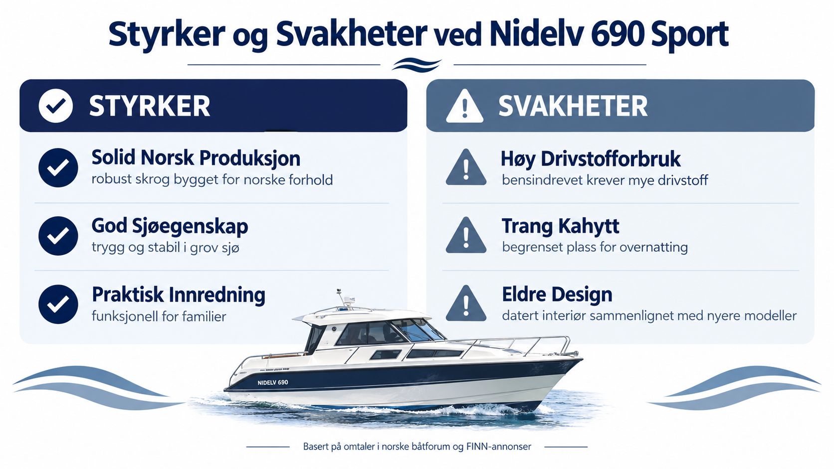 Infografikk som viser styrker og svakheter ved båtmodellen Nidelv 690 Sport basert på erfaringer fra båtforum.