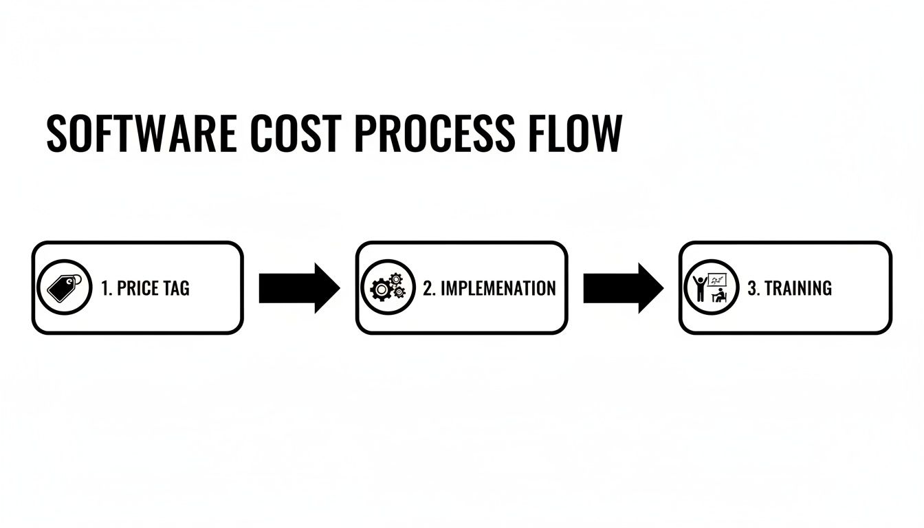 Flow chart illustrating the software cost process steps: price tag, implementation, and training.