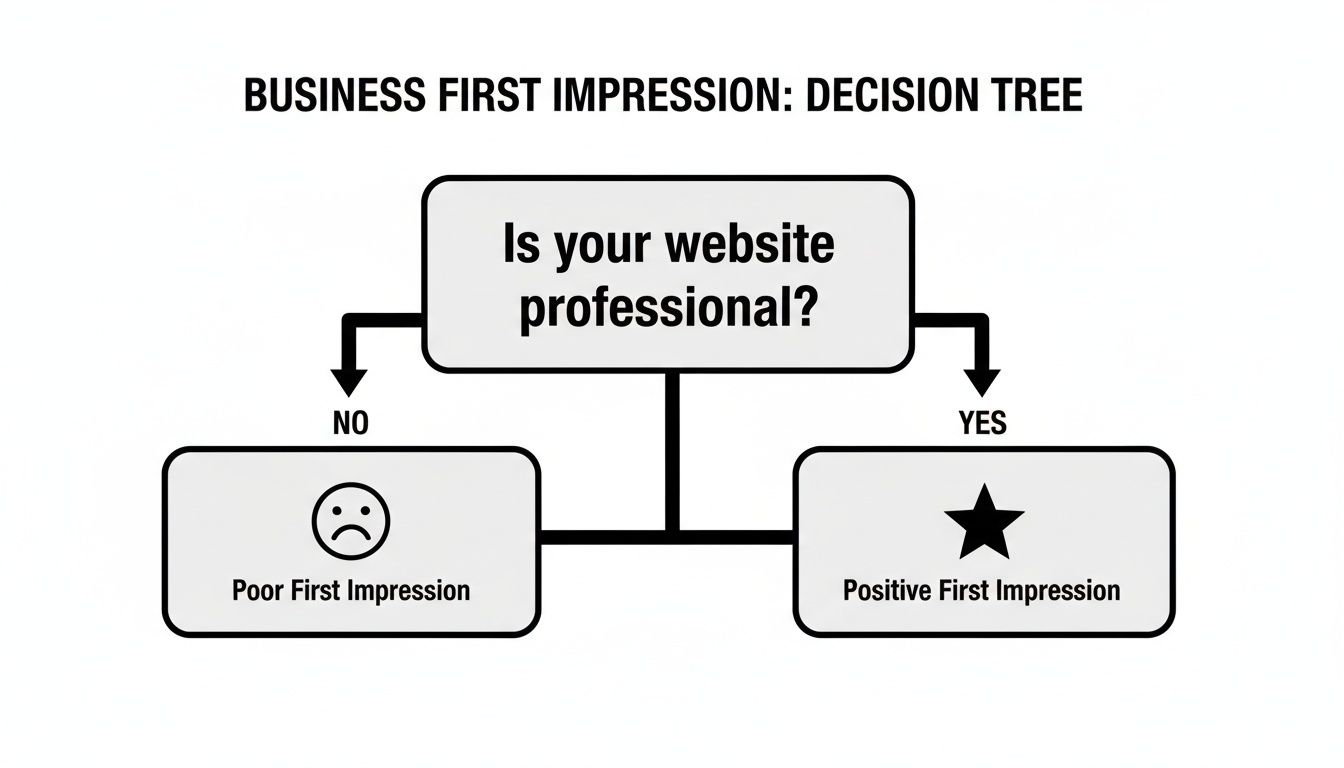 A decision tree diagram showing how a professional website leads to a positive first impression.
