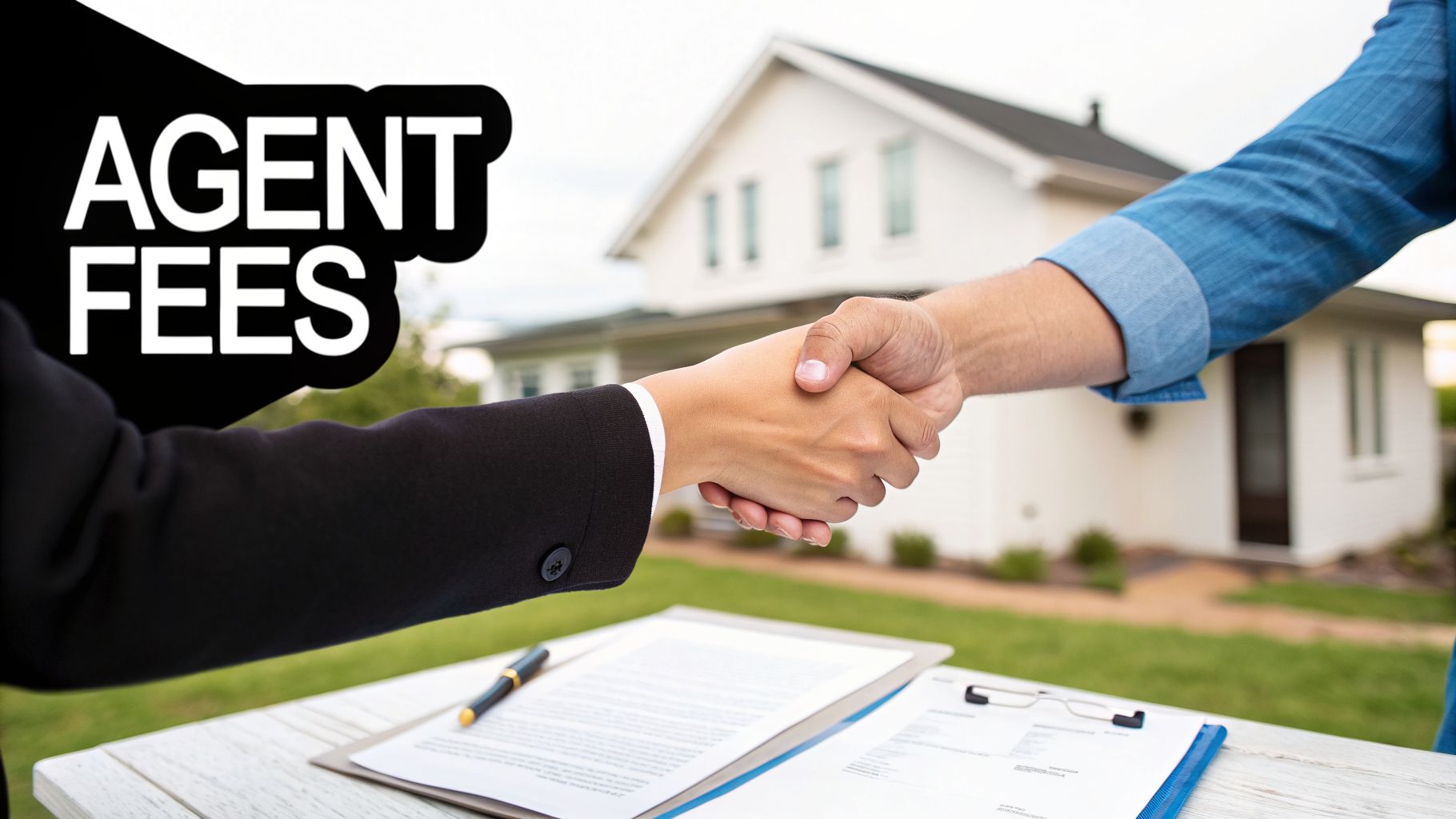 Two people shaking hands in front of a a house, with documents on a table and 'AGENT FEES' text.