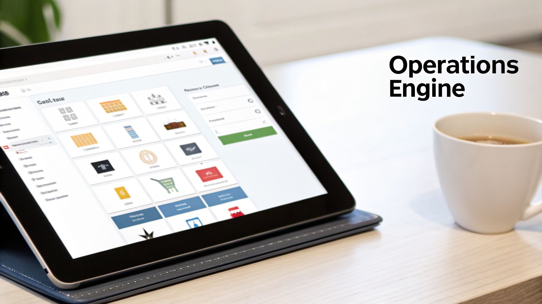 A tablet displaying an e-commerce operations engine application next to a coffee cup on a desk.