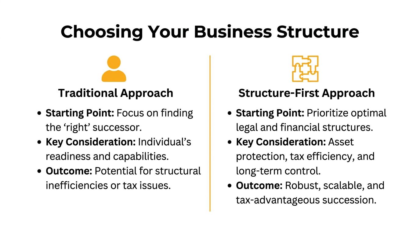 A comparison chart outlining Traditional versus Structure-First approaches for business succession and tax planning.