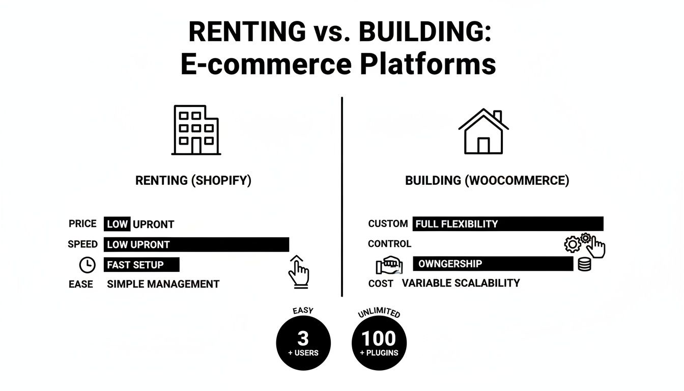 Infographic comparing Shopify (renting) vs. WooCommerce (building) for e-commerce platforms, highlighting key differences.