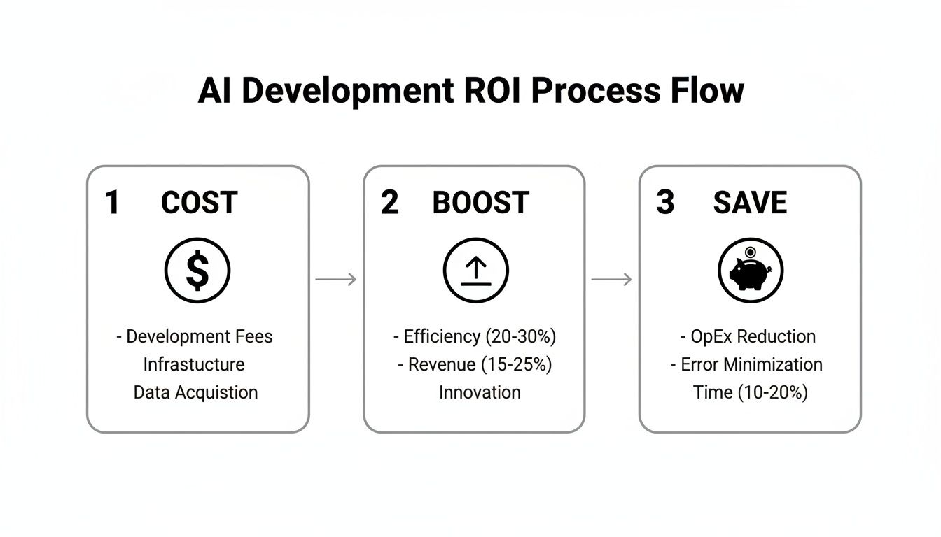 Flowchart detailing the AI development ROI process, including costs, efficiency, revenue boosts, and savings.