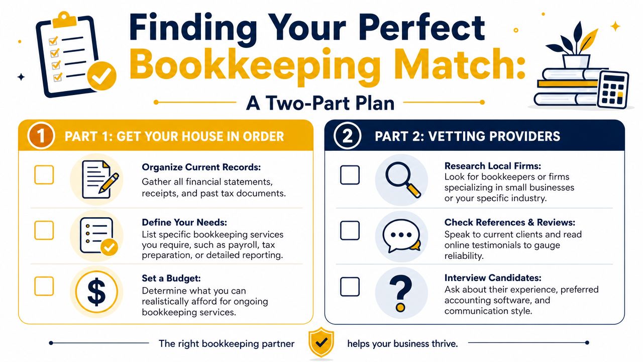 An infographic titled Finding Your Perfect Bookkeeping Match outlining a two-part plan for hiring accounting services.
