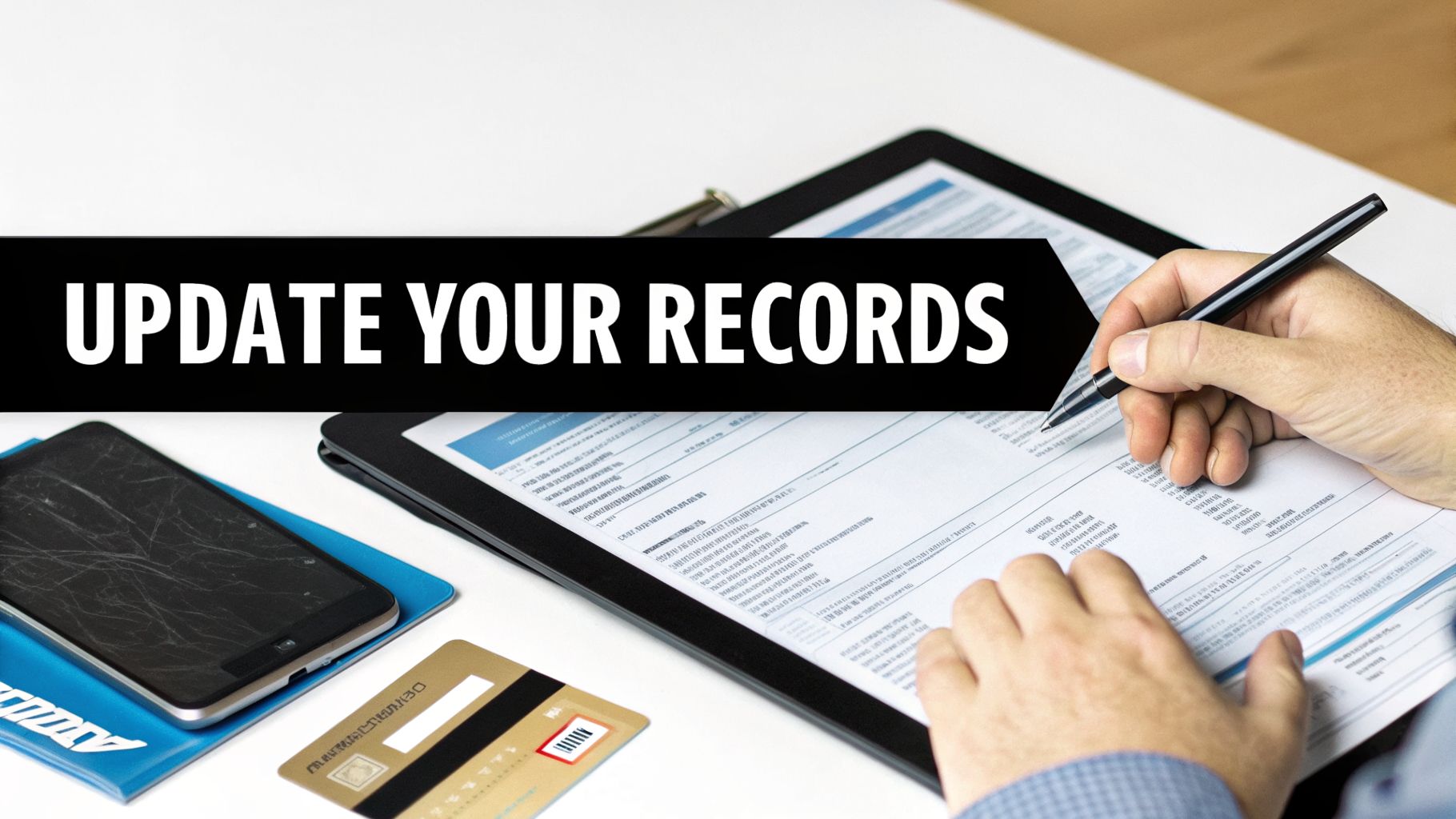 A person updates records on a document with a pen, next to a tablet, phone, and credit card.
